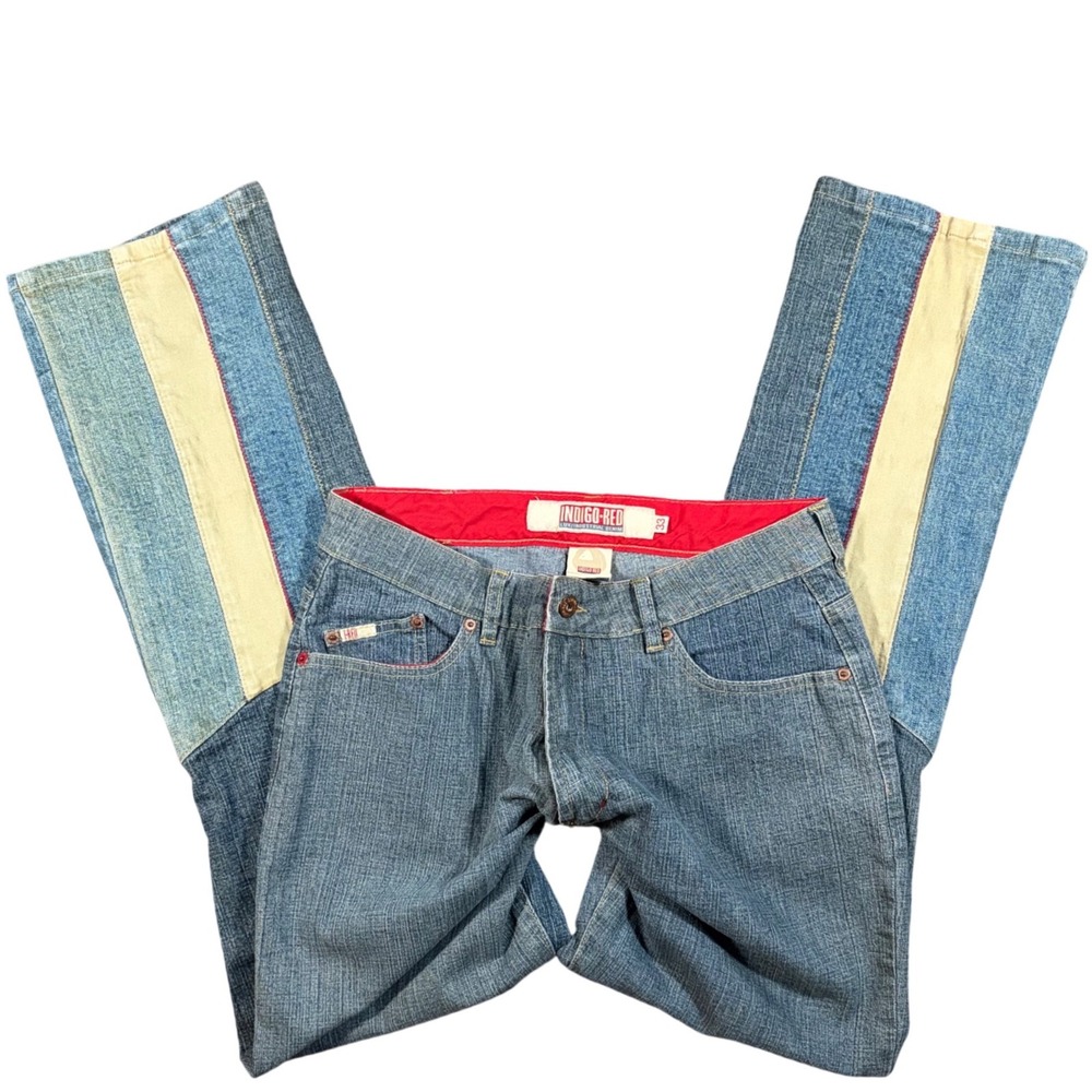 Y2K Boho Rare Striped Patchwork Industrial Denim Straight Leg Jeans Blue 33